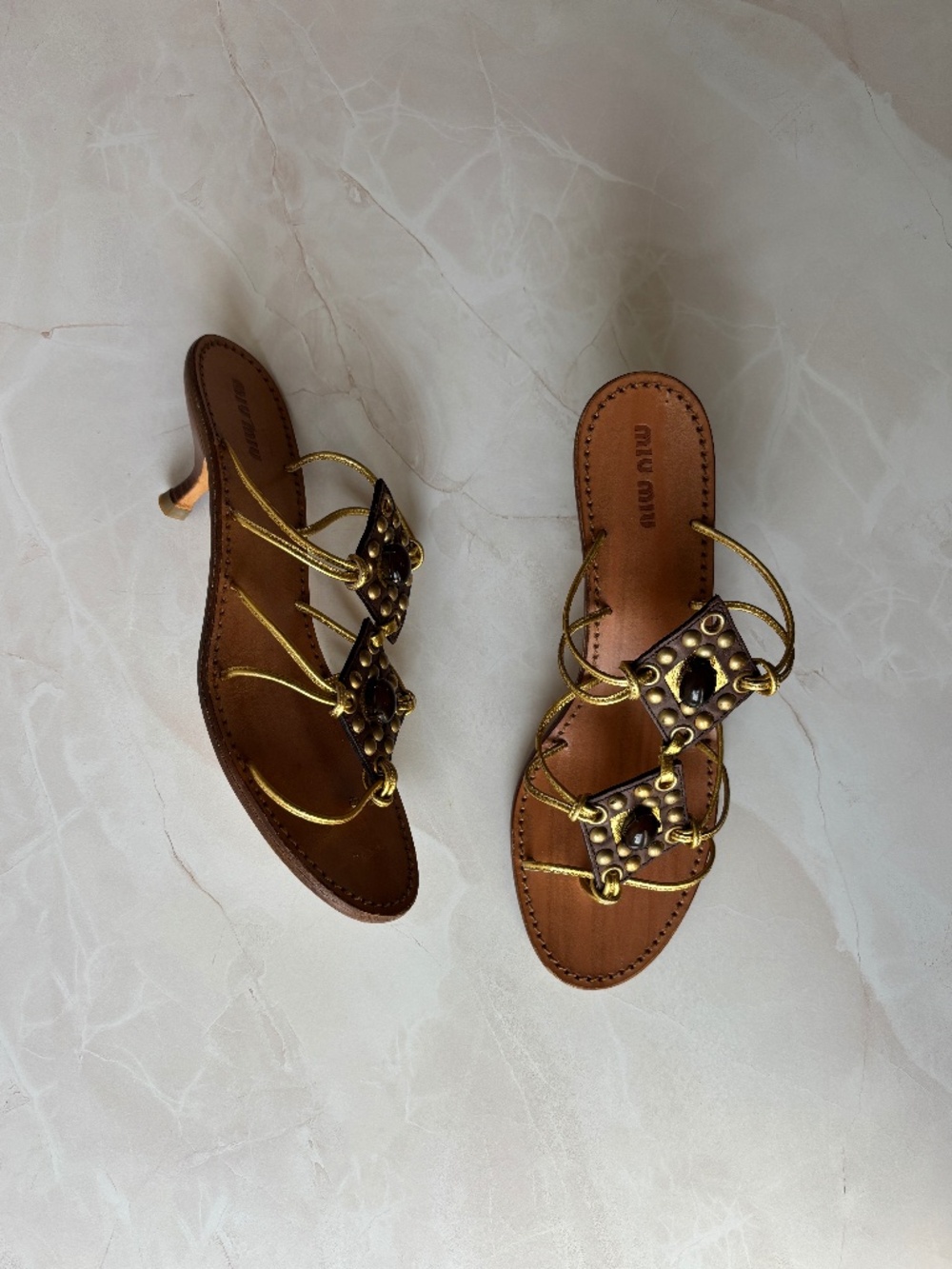 vintage Y2K Miu Miu gold strappy studded kitten heel sandal